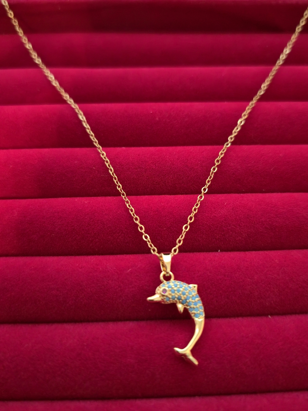 Gold Dolphin Pendant Necklace with Blue Zircon Accents Sea Life Beach Summer B03